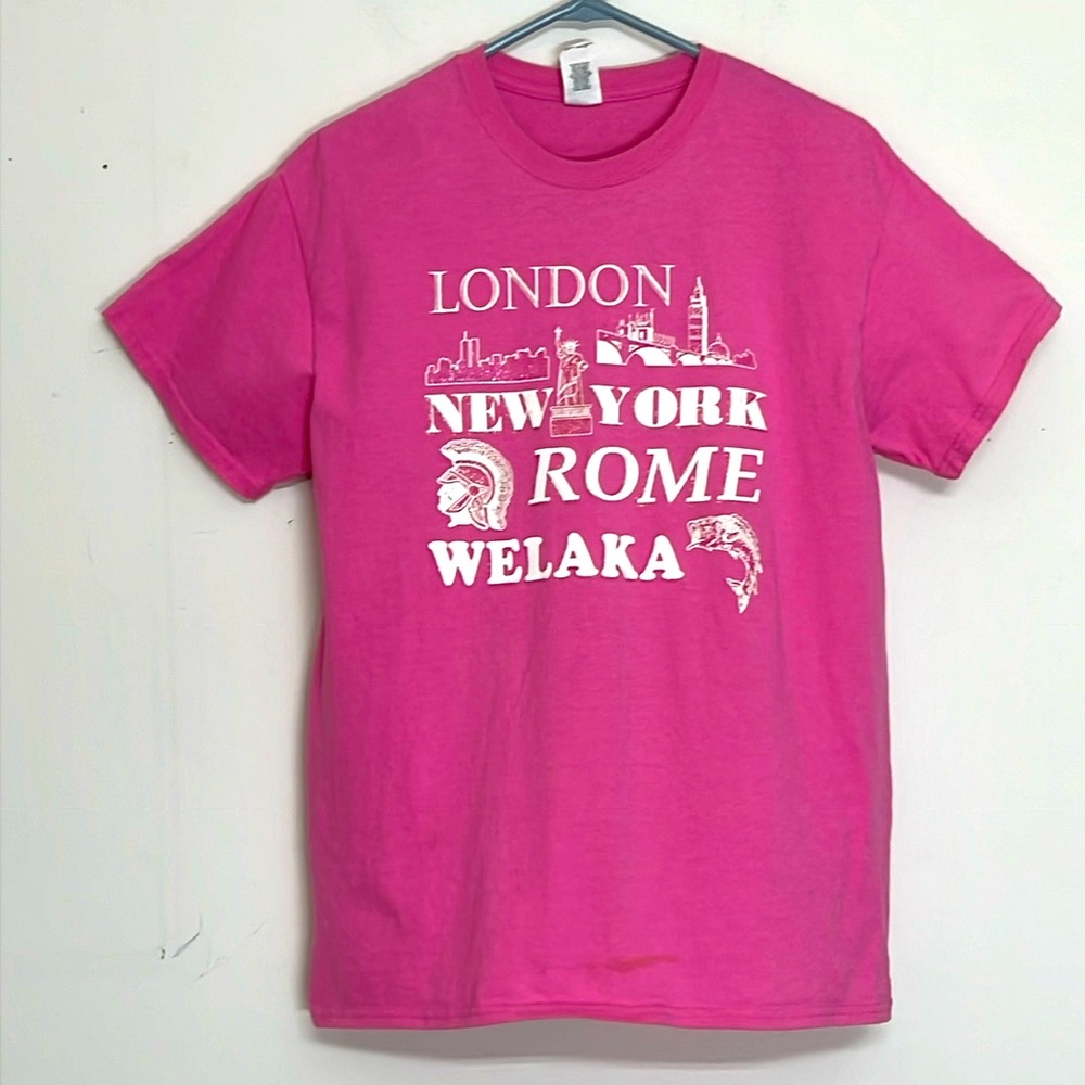 🌞 Gildan Ultra Cotton pink graphic tee London New York Rome Welaka women size M